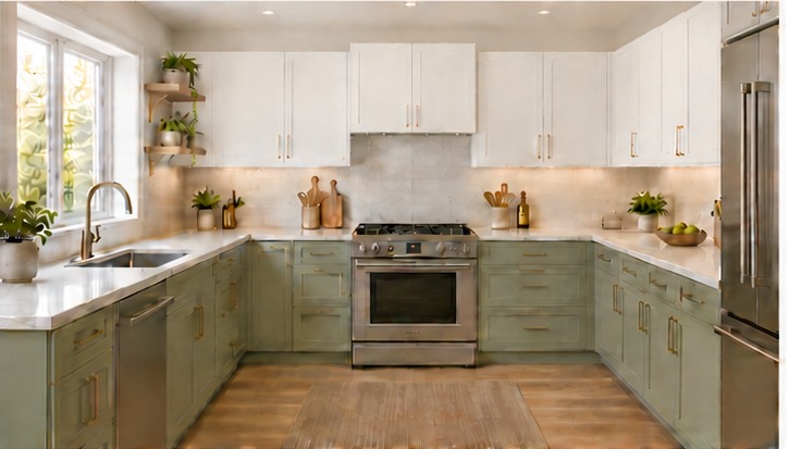 Value Line kitchen with white upper cabinets and sage green base cabinets