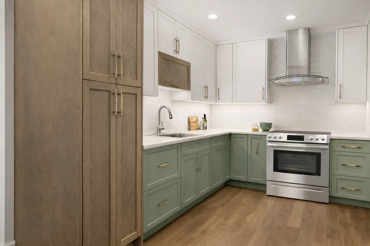 Value Line kitchen with white cabinets and stone countertops